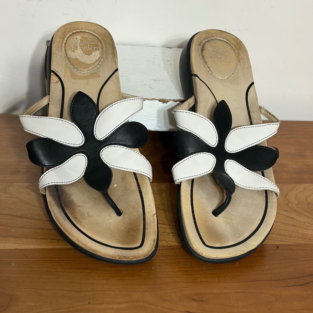 Dansko Womens Leather Flower Sandals Black White Platform Wedge Slides 38